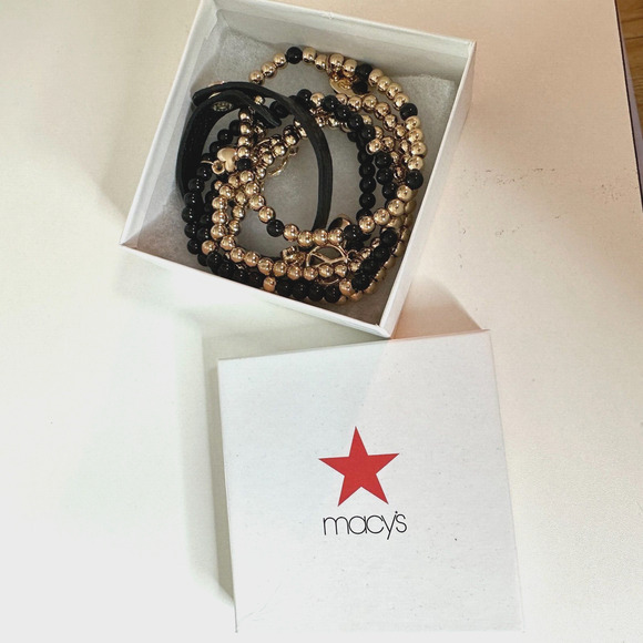 NWOT Macy's Black & Gold Multilayer Skull Heart Peace Bead Leather Wrap Bracelet - Picture 2 of 9